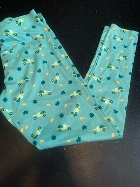 Serra Teal Leggings with Green Truck and Yellow Dot Print - St Patty’s sz Large